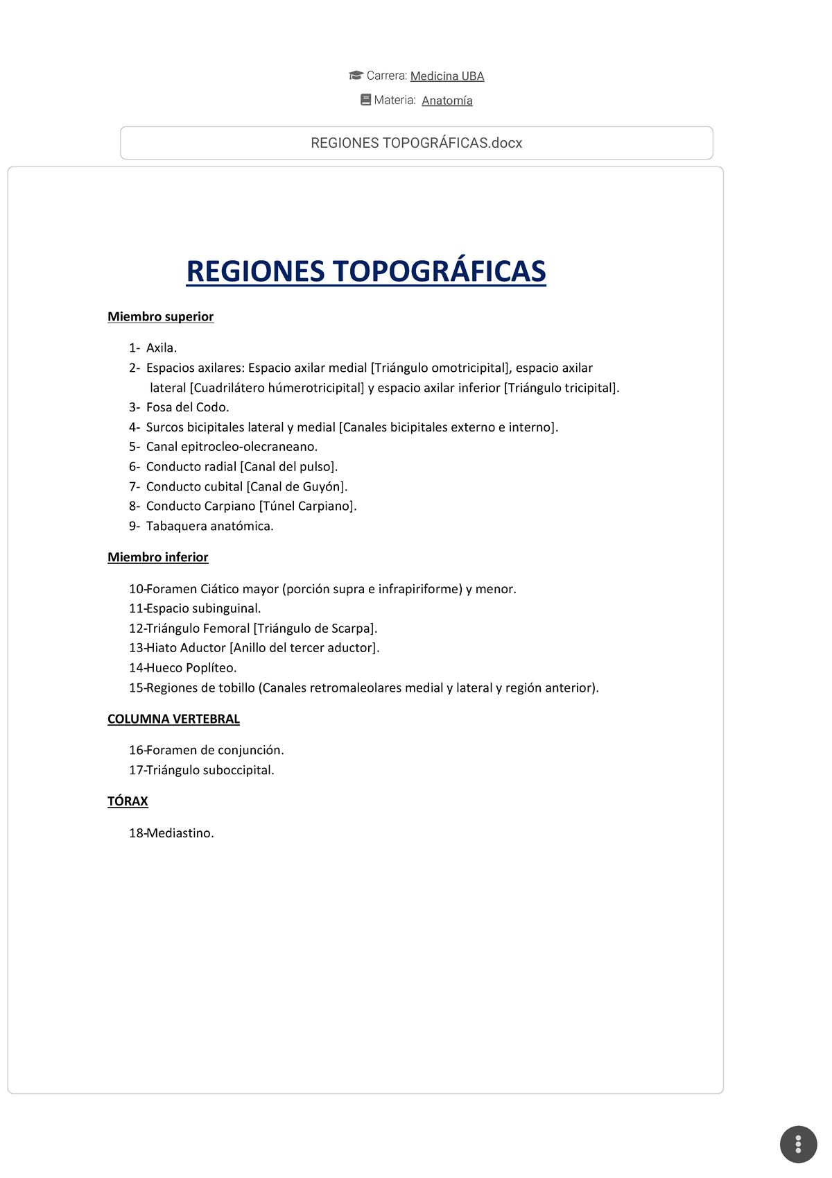 Resumen Regiones Topográficas - Carrera: Medicina UBA Materia: Anatomía ...