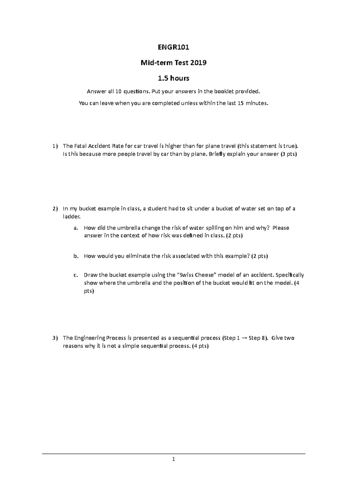 Test 2019 Lecture notes 114 ENGR Midterm Test 2019 1 hours Answer