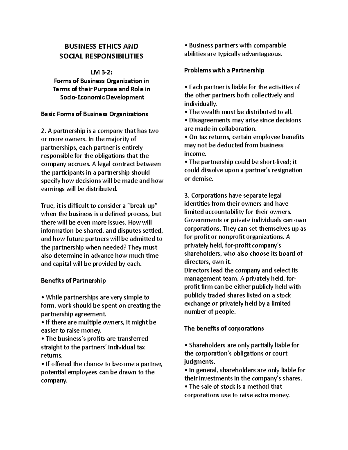 Business Ethics LM 3-2 - BUSINESS ETHICS AND SOCIAL RESPONSIBILITIES LM ...
