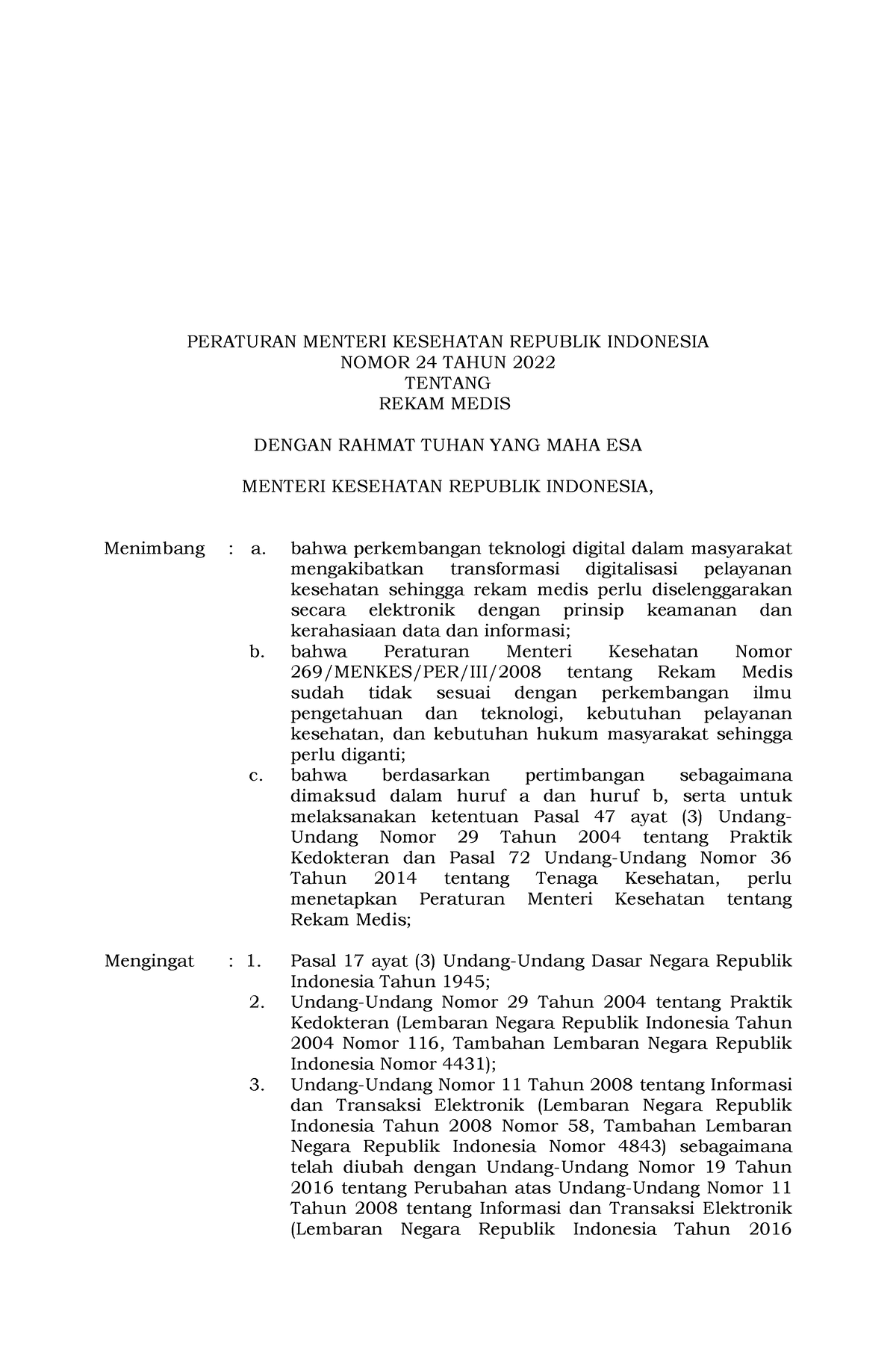 32. Permenkes No 24 Tahun 2022 Tentang Rekam Medis - PERATURAN MENTERI ...