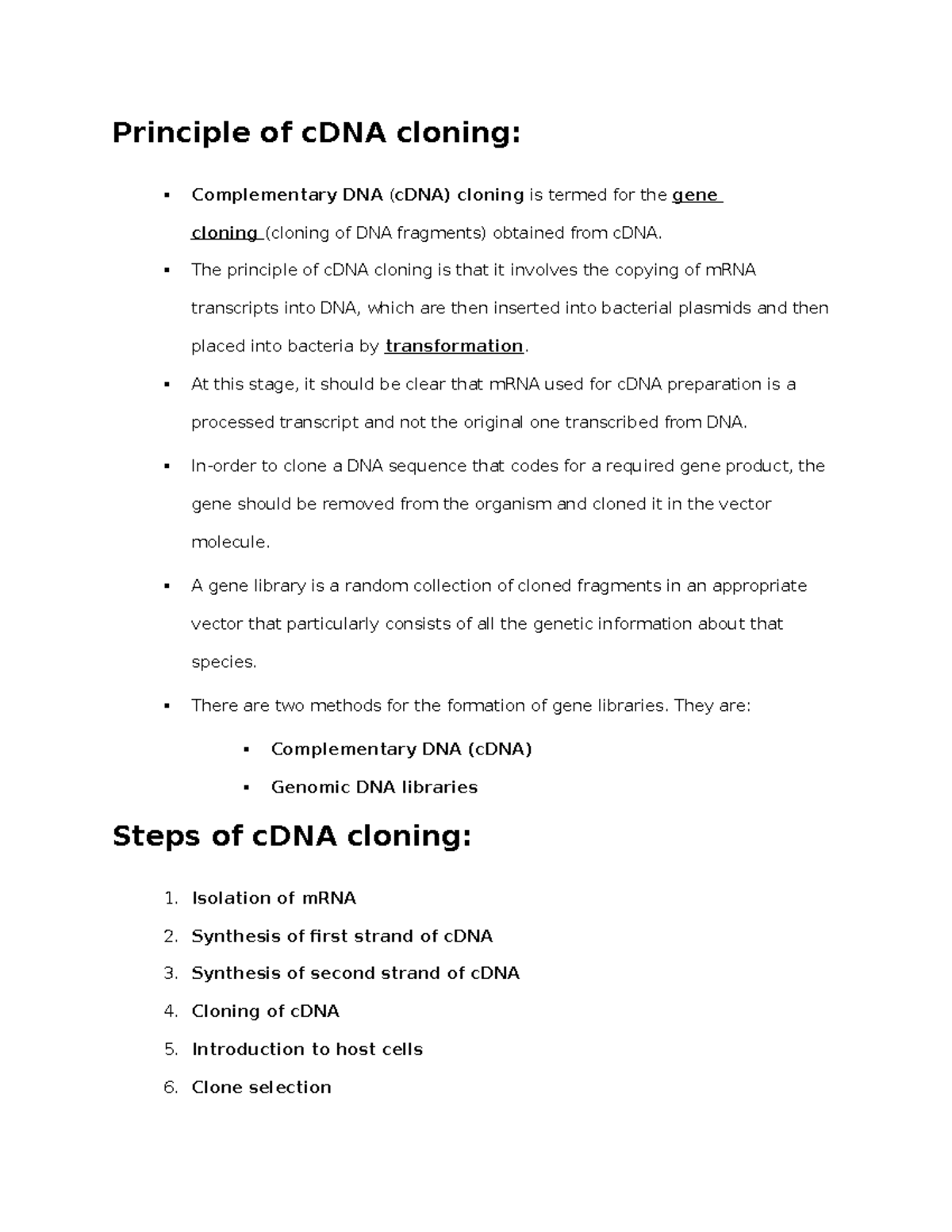 Biology Science 178 Principle of cDNA cloning Complementary DNA