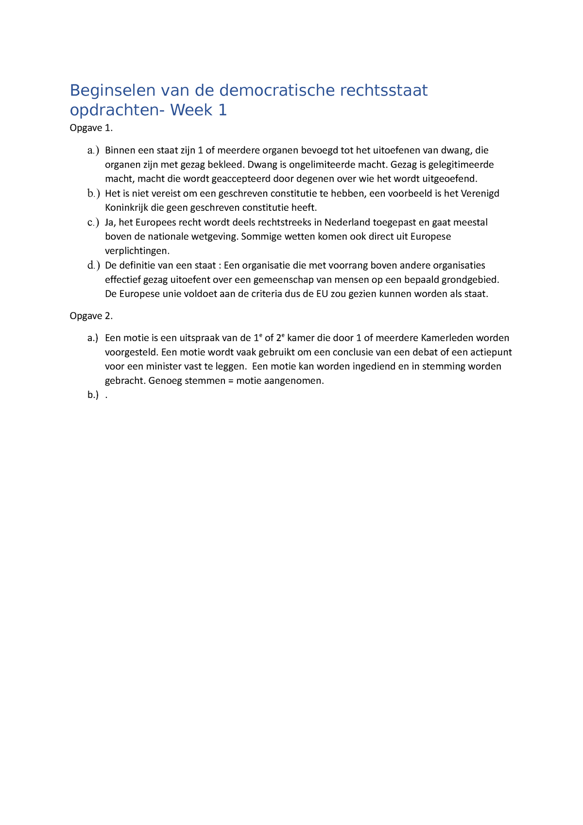 Opdrachten Week 1 Beginselen van de democratische rechtsstaat