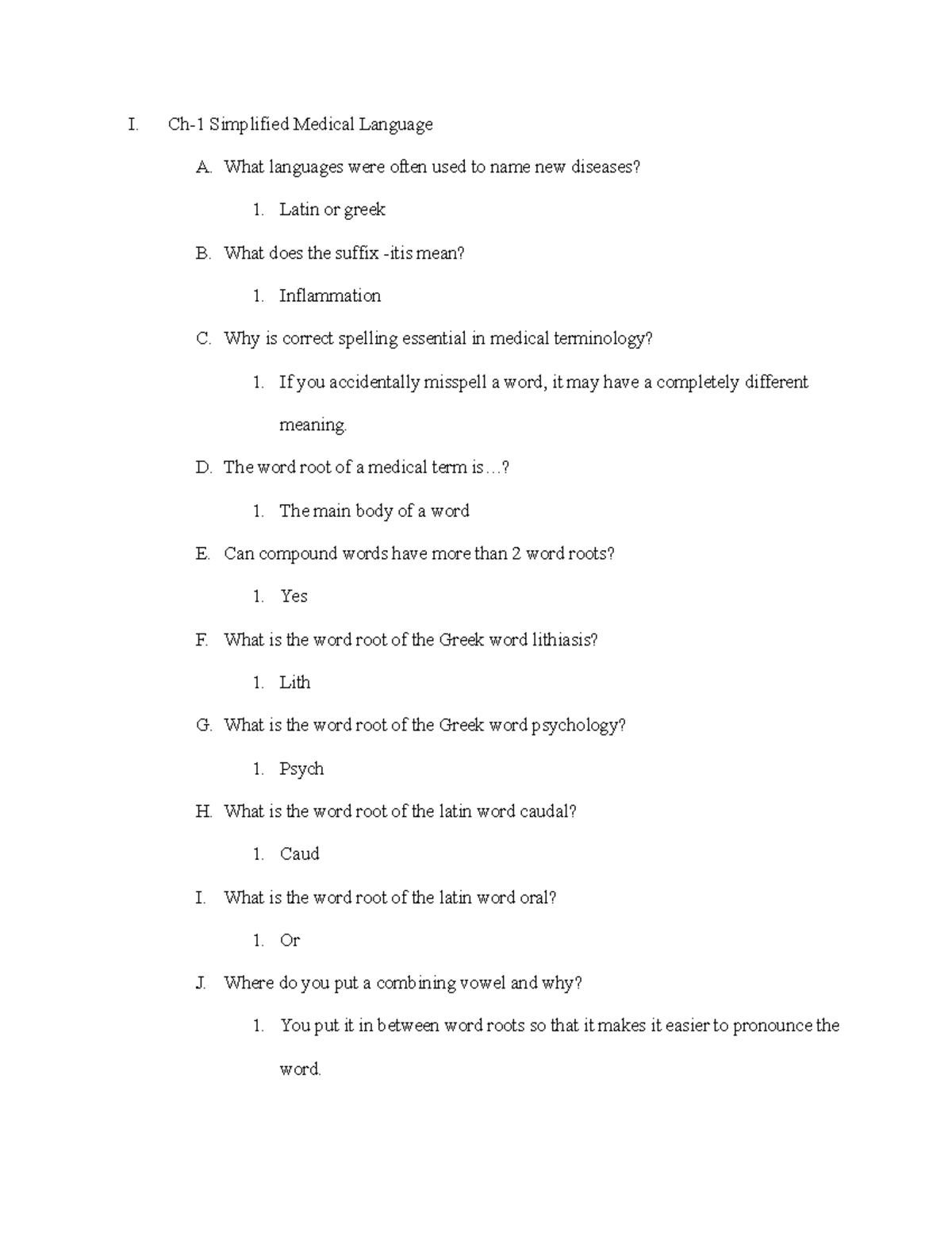 BIO 1100 CH1 Simplified Medical Language I. Ch1 Simplified Medical
