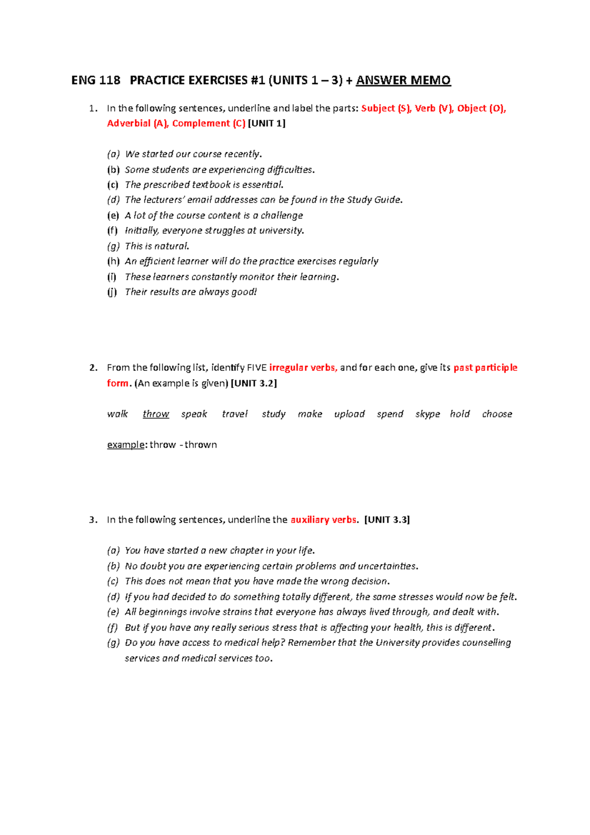 ENG 118 Worksheet 1 & MEMO ENG 118 PRACTICE EXERCISES 1 (UNITS 1 3