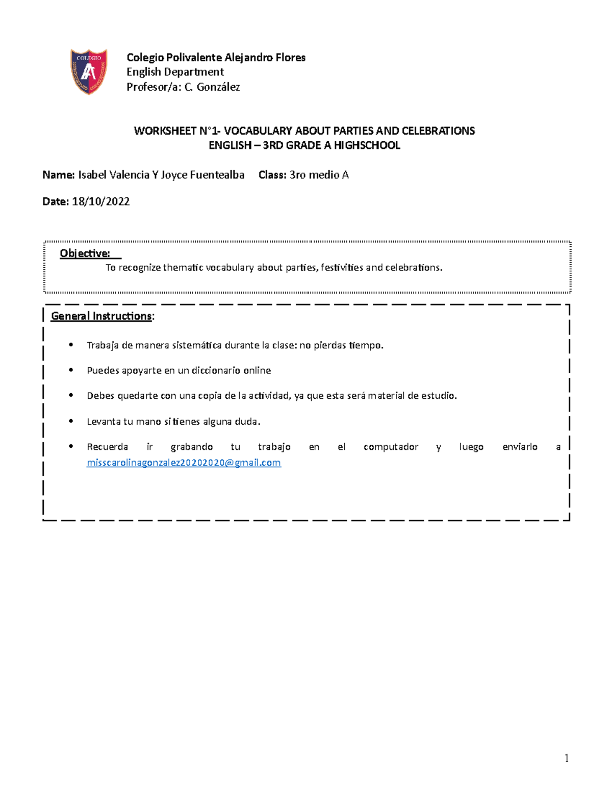 Unidad 3 III medio A Worksheet 1-vocab^L - English Department Profesor ...