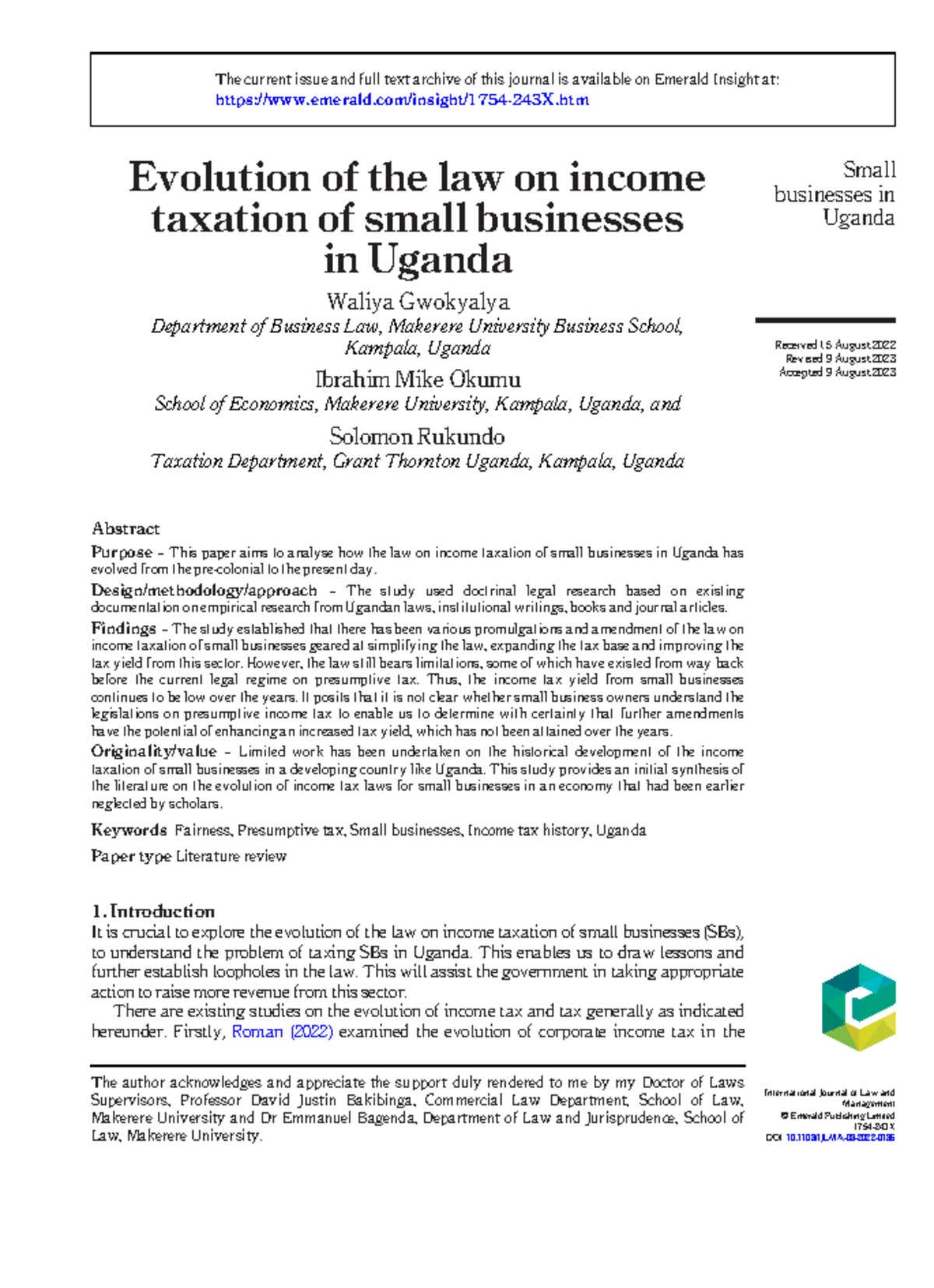 Evolution of the Law on Taxation of Small Businesses in Uganda
