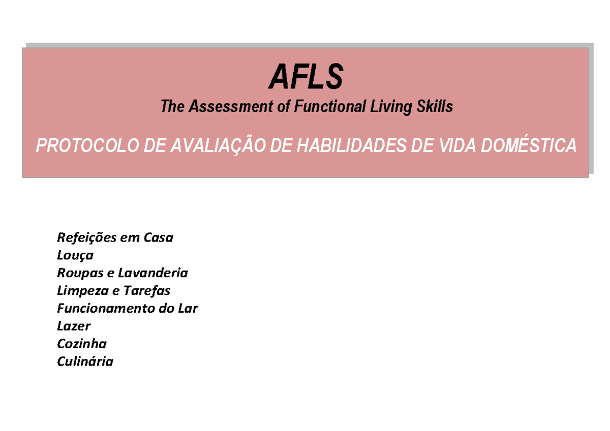 Afls - Protocolo DE Avaliação DE Habilidades DE VIDA Doméstica - AFLS ...