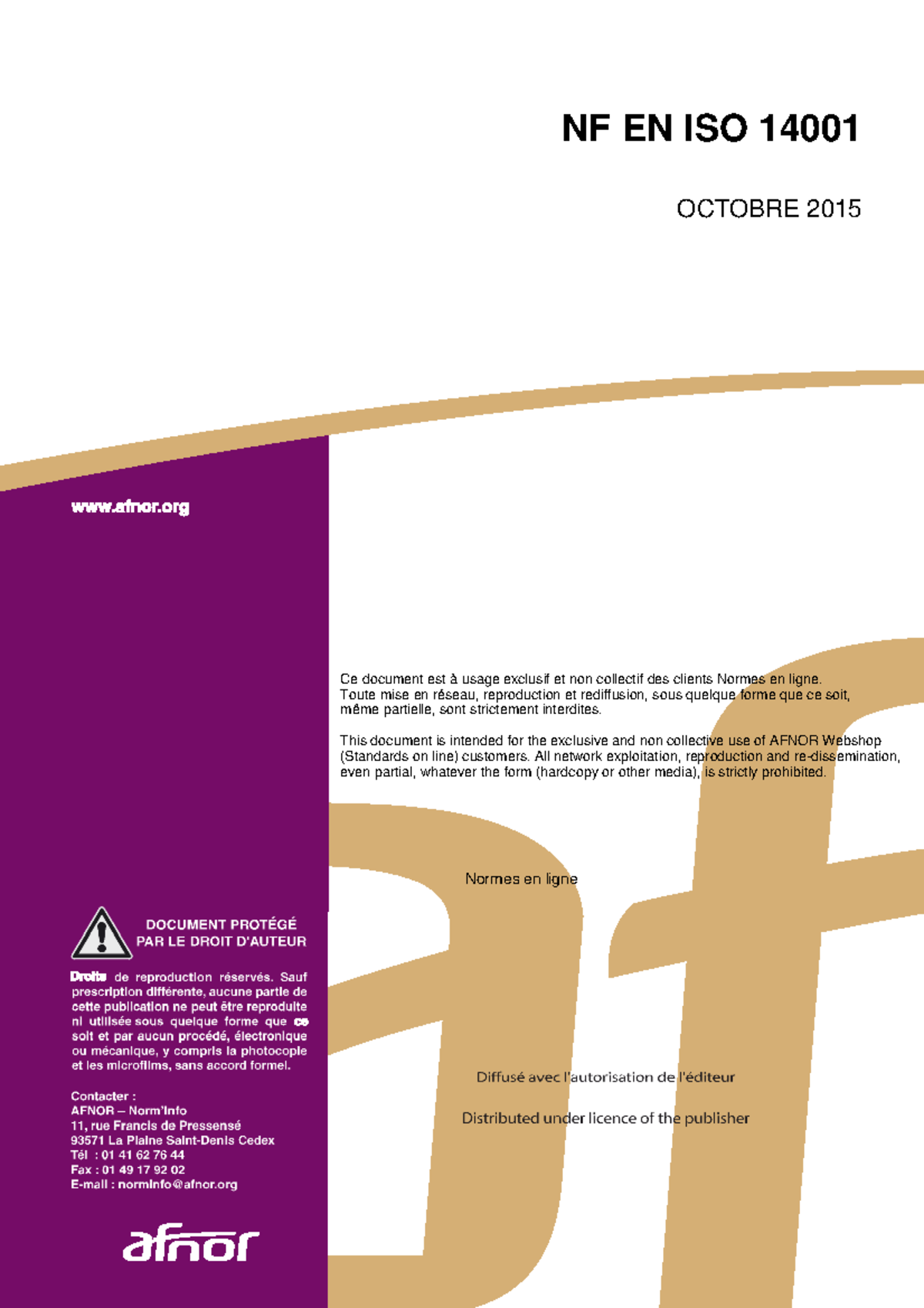 Nf En Iso 14001 V2015 Nf En Iso 14001 Octobre 2015 Ce Document Est à