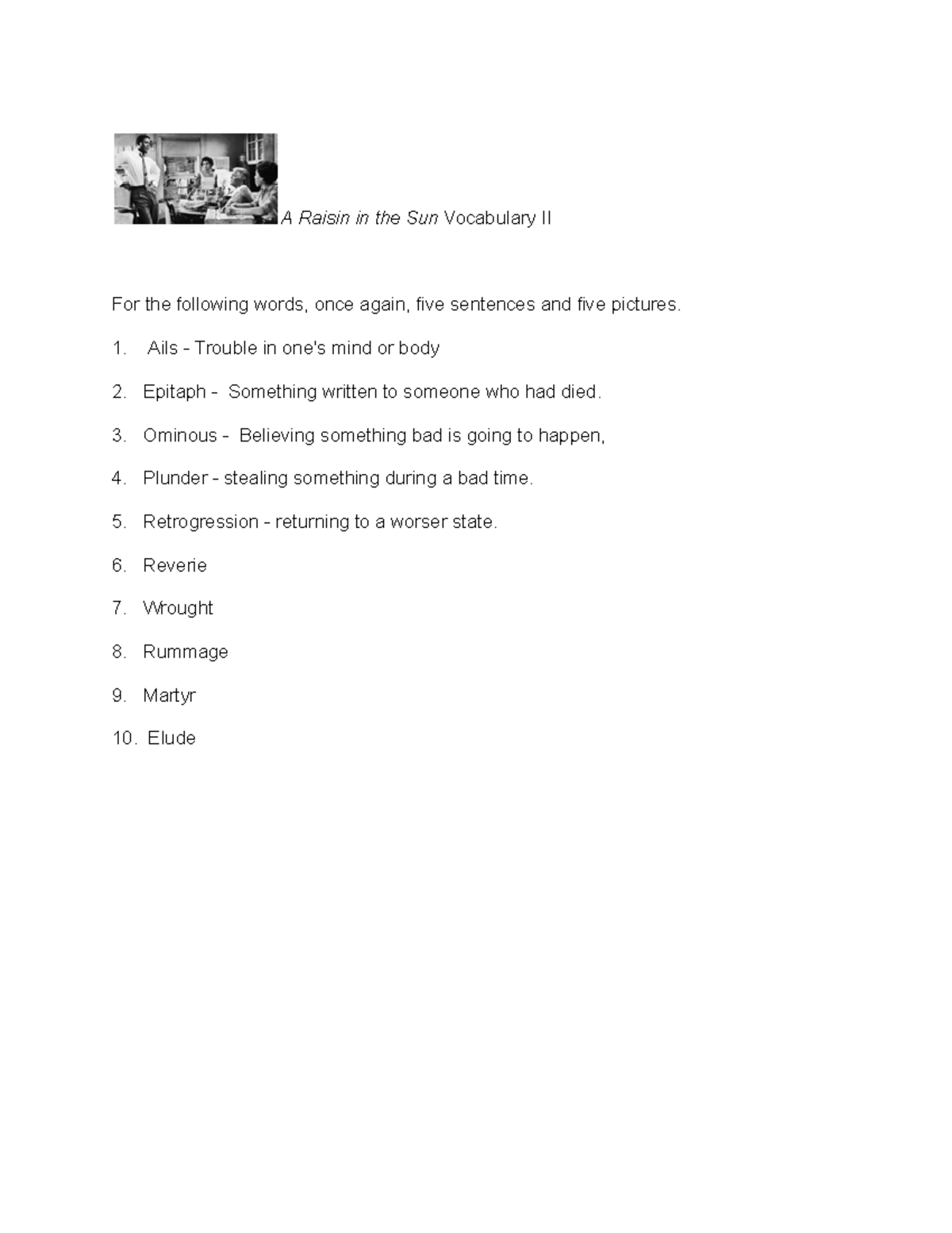 Copy of A Raisin in the Sun Vocabulary II A Raisin in the Sun