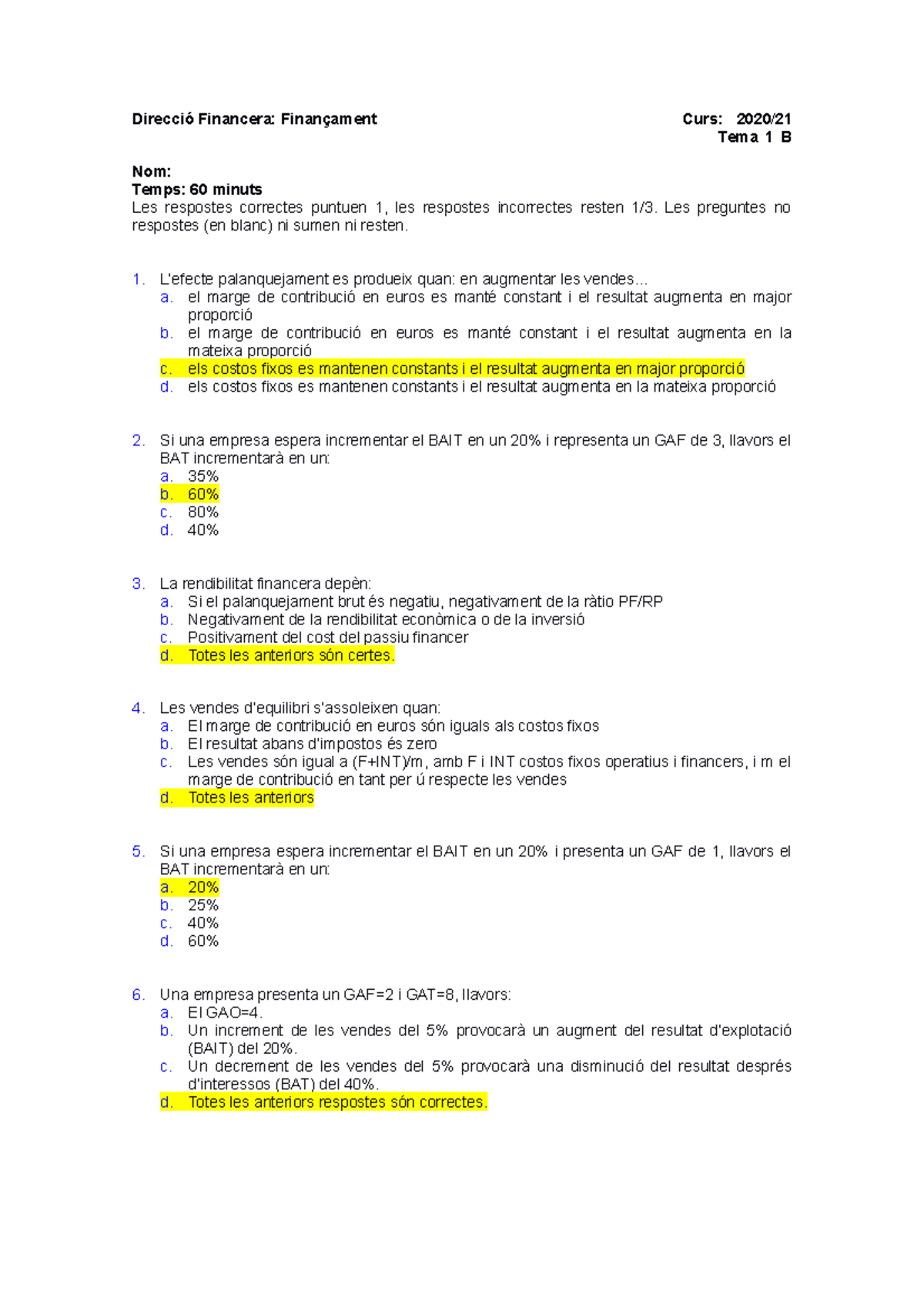 Examen 1er Parcial DFinanciera 2020 - Direcció Financera: Finançament ...