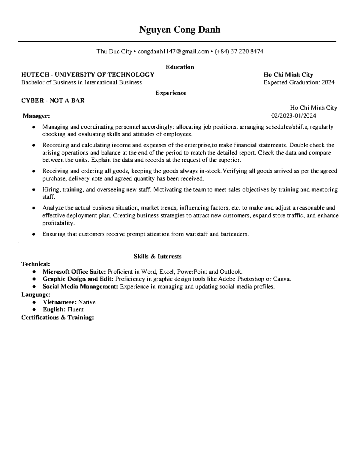 Danh's CV - Nguyen Cong Danh Thu Duc City • congdanh1147@gmail • (+84 ...