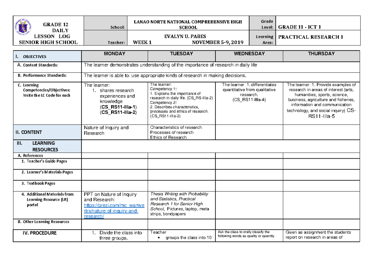 Dll PR 1 WK1 - PRACTICAL RESEARCH - GRADE 12 DAILY LESSON LOG SENIOR ...