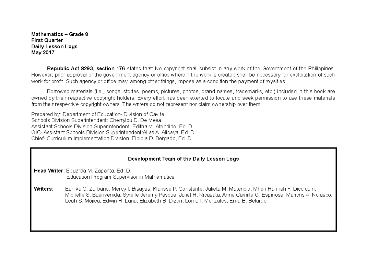 Prelim - Test - Mathematics – Grade 8 First Quarter Daily Lesson Logs ...
