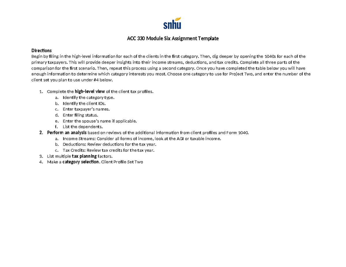 ACC 330 Module Six Assignment Template - ACC 330 Module Six Assignment ...