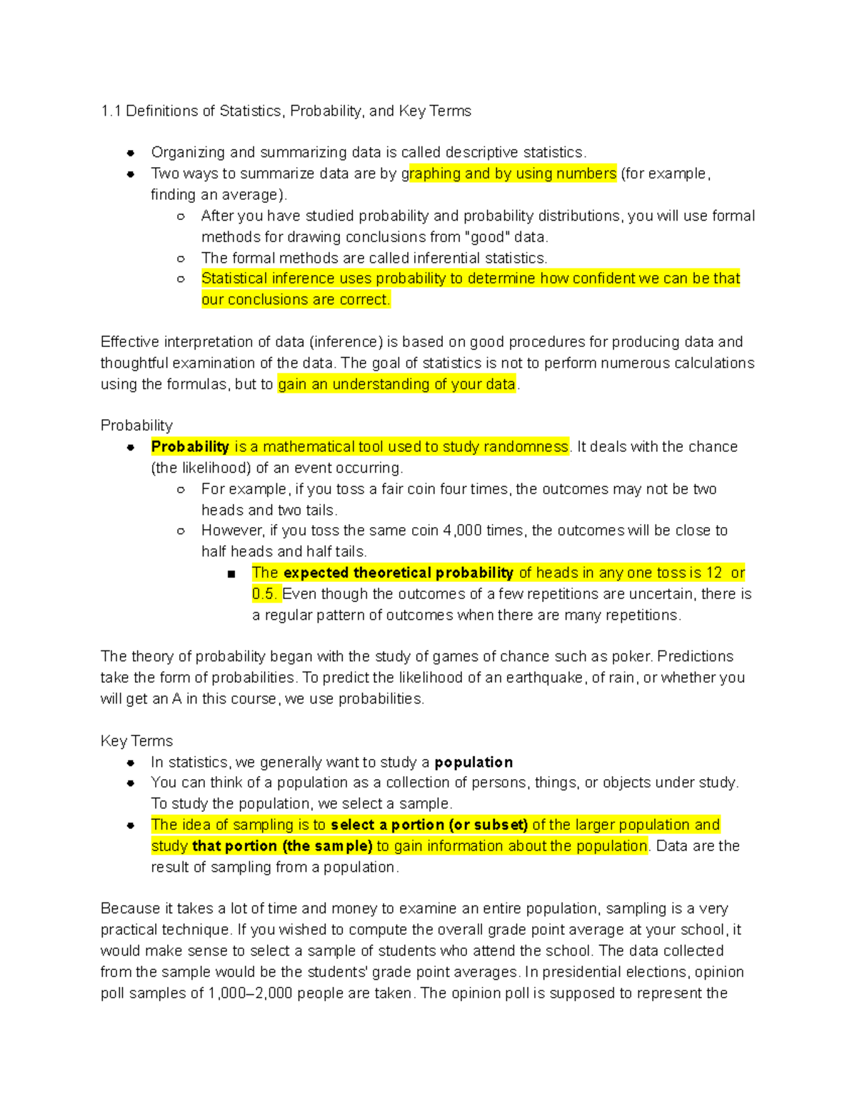 1 - Notes - 1 Definitions Of Statistics, Probability, And Key Terms ...