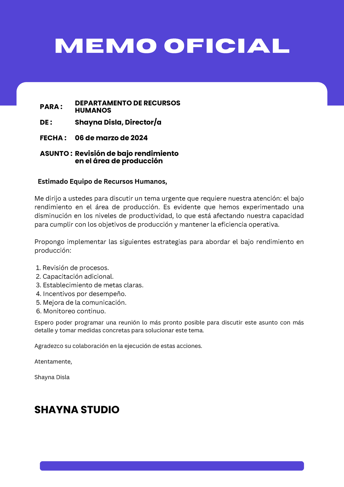 (Spanish) Carta de memorándum MEMO OFICIAL SHAYNA STUDIO PARA DE