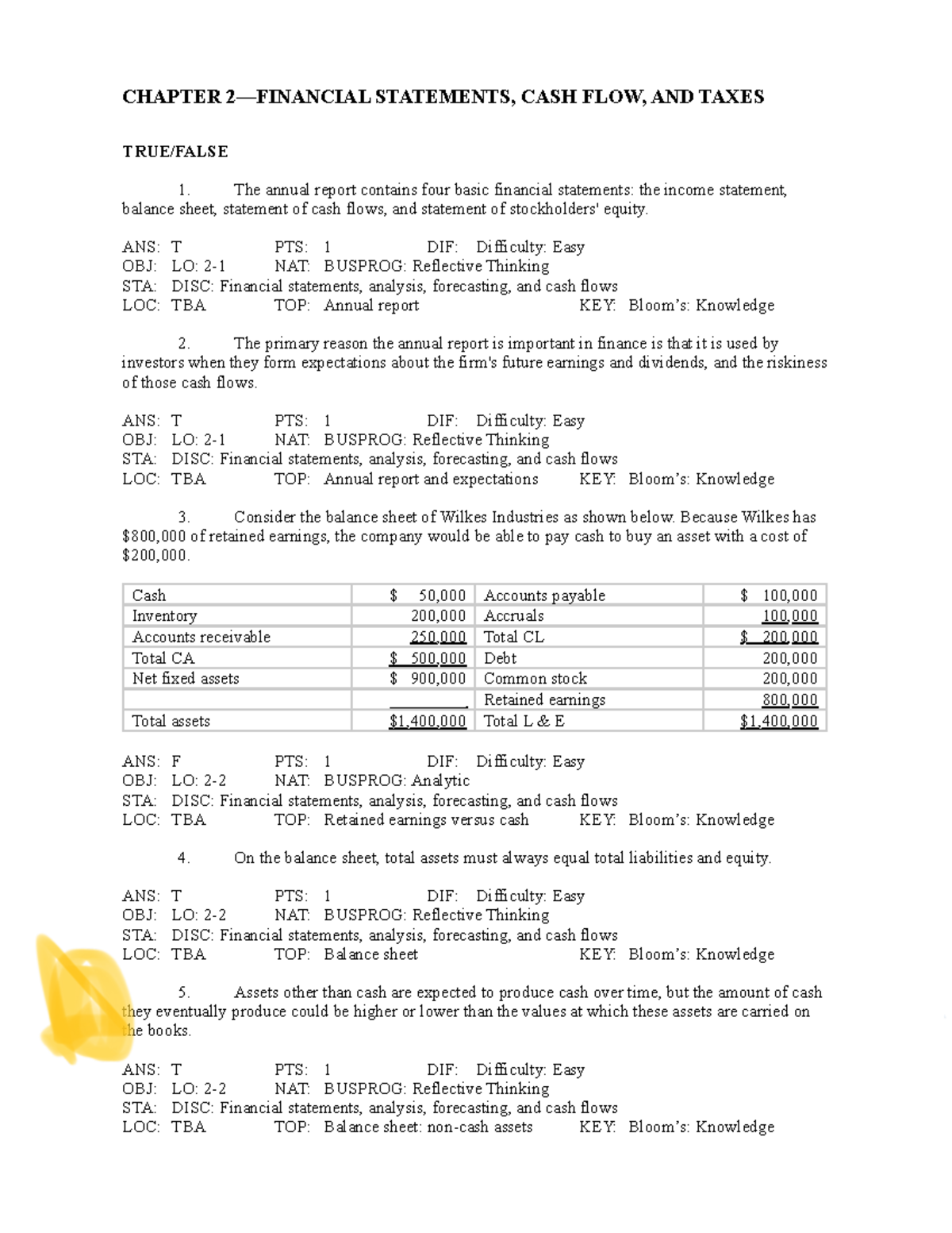 Chp 2 - CHAPTER 2—FINANCIAL STATEMENTS, CASH FLOW, AND TAXES Quiz ...