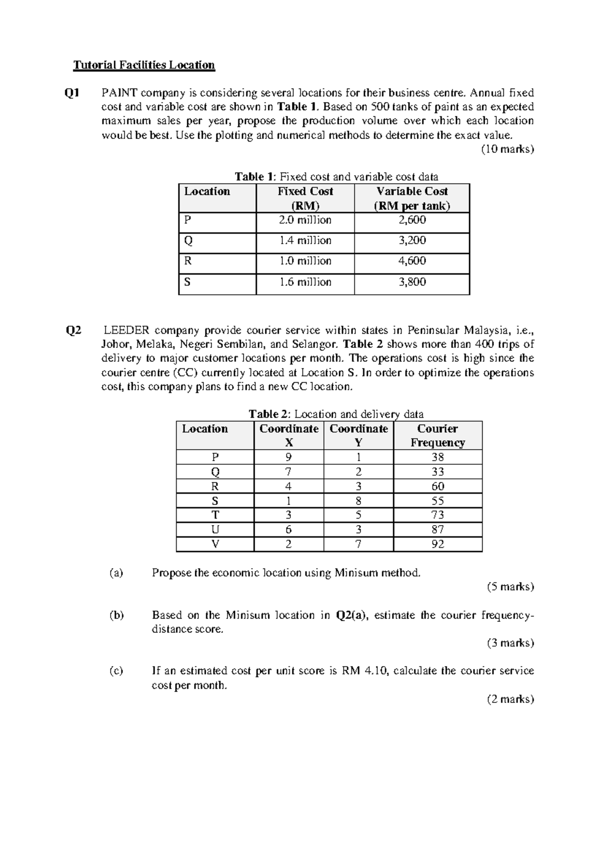 1 tutorial for facilities location Tutorial Facilities Location Q 1