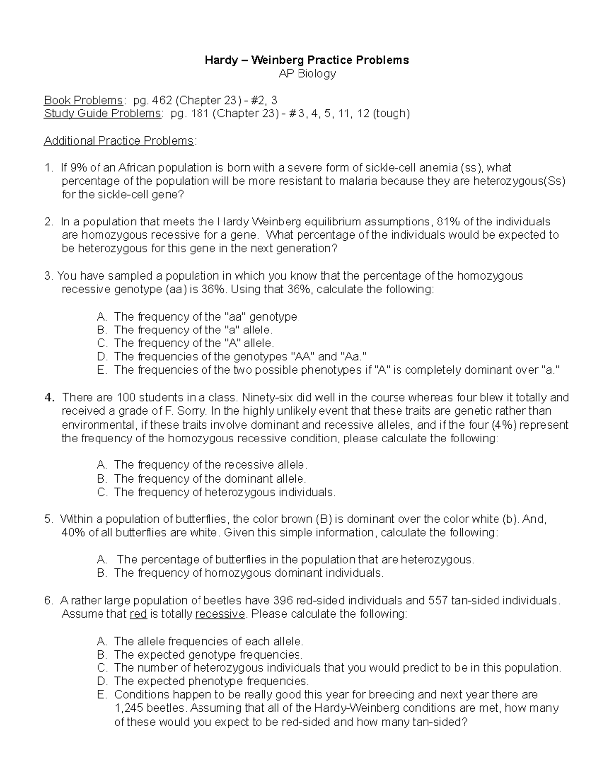 Hardy Weinberg Problems Extra Questions And Practice Hardy Weinberg 