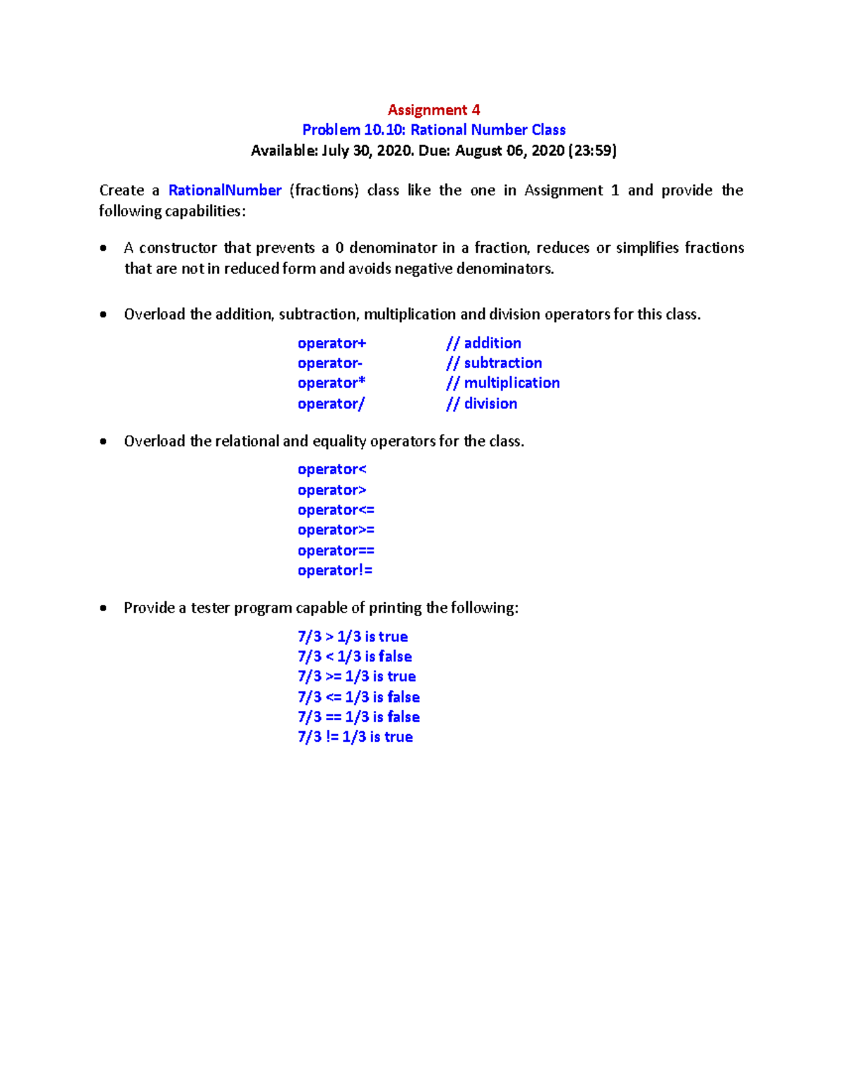 Assignment 4 - Assignment 4 Problem 10: Rational Number Class - Studocu