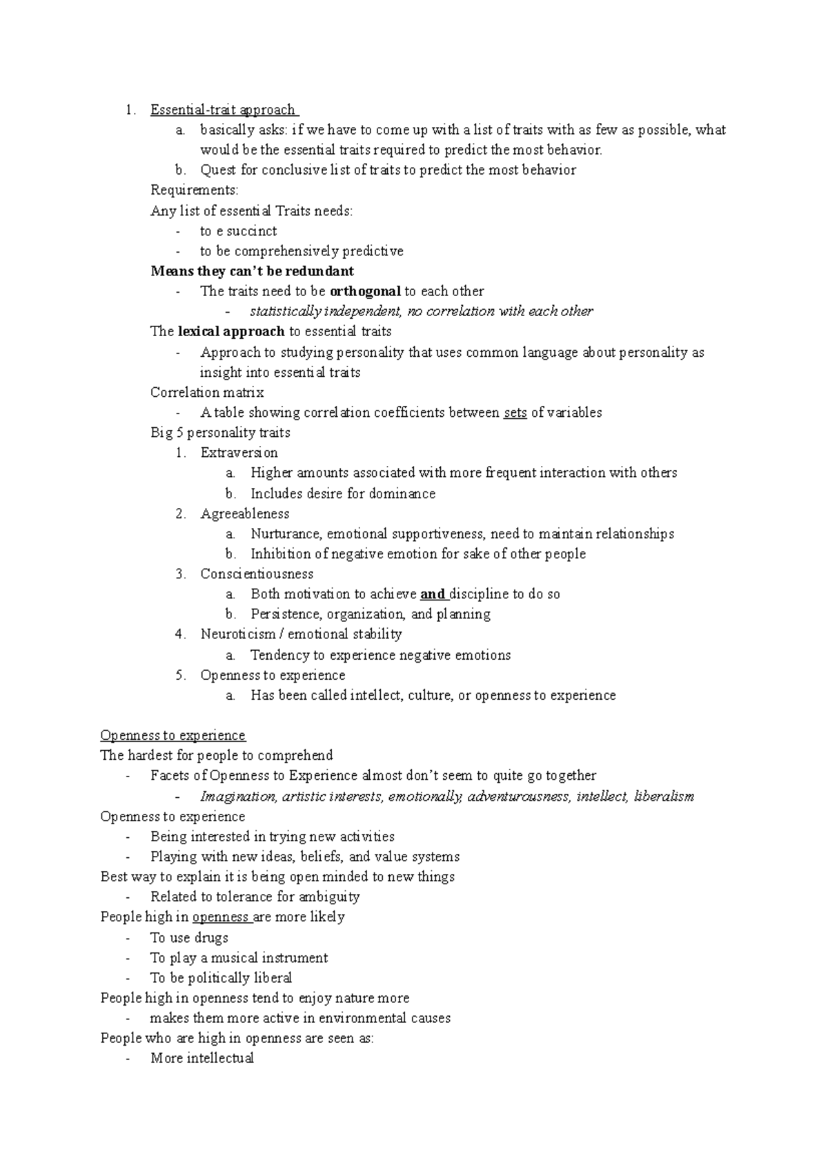 Personality Week 3 Pt 1 - Notes For Apsy 327 - Essential-trait Approach 