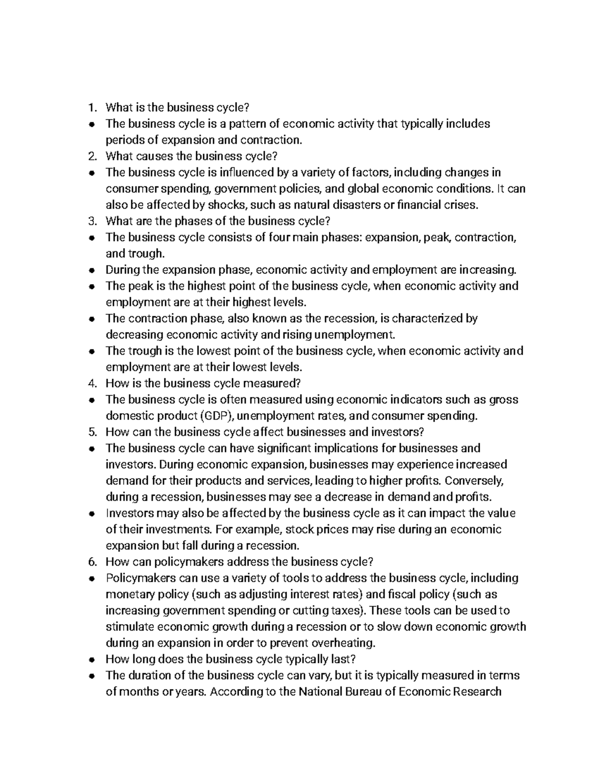 business cycle case study answers