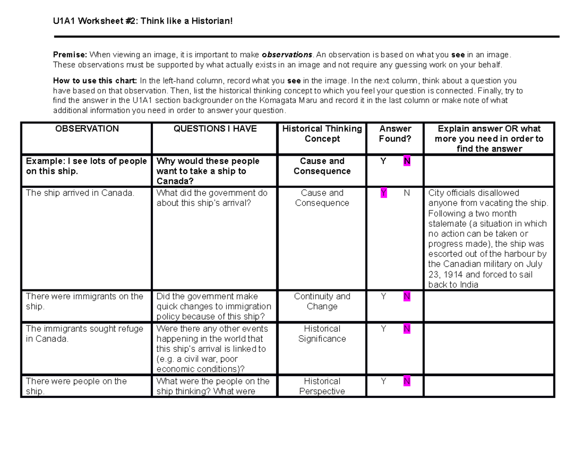 U1A1 Worksheet 2 Think Like a Historian - U1A1 Worksheet #2: Think like a  Historian! Premise: When - Studocu