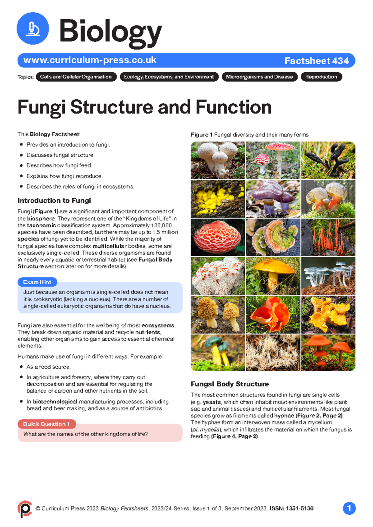 434 Fungi Structure and Function - © Curriculum Press 2023 Biology ...