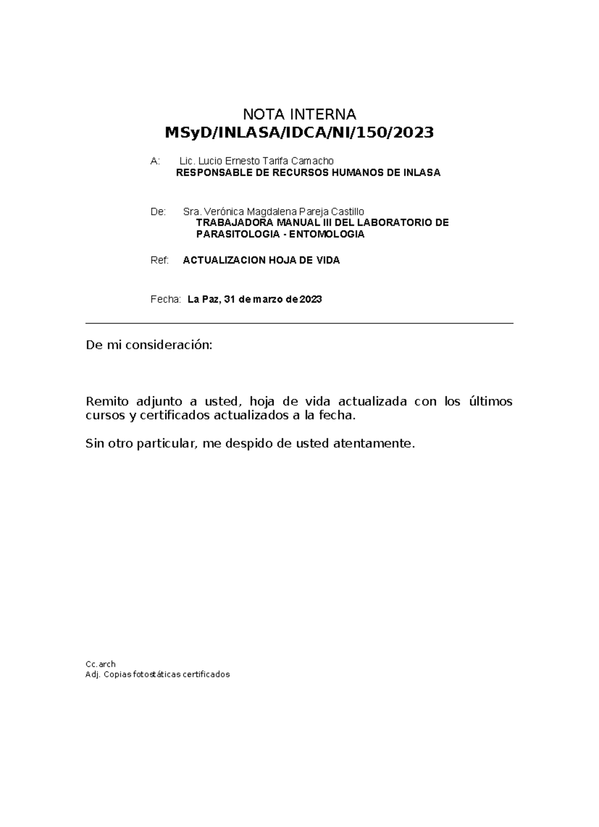 Actualizacion pack - NOTA INTERNA MSyD/INLASA/IDCA/NI/150/ A: Lic ...