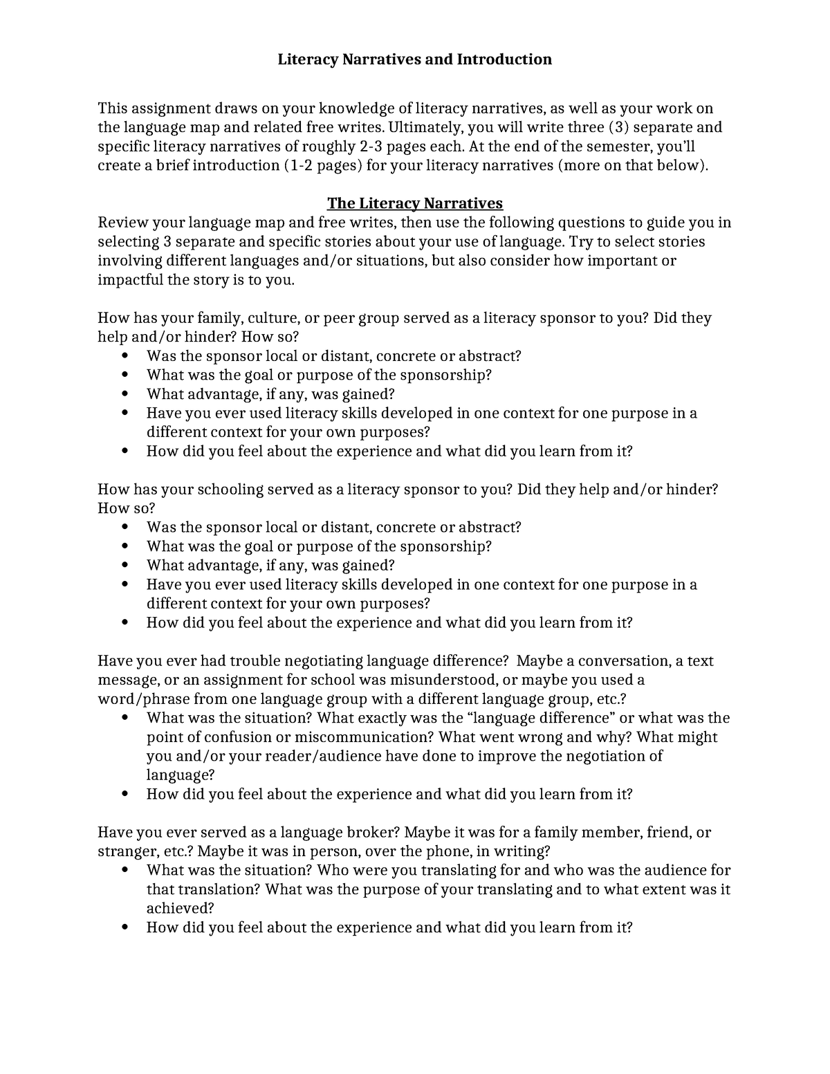 Essay 1 - Literacy Narratives and Introduction This assignment draws on ...