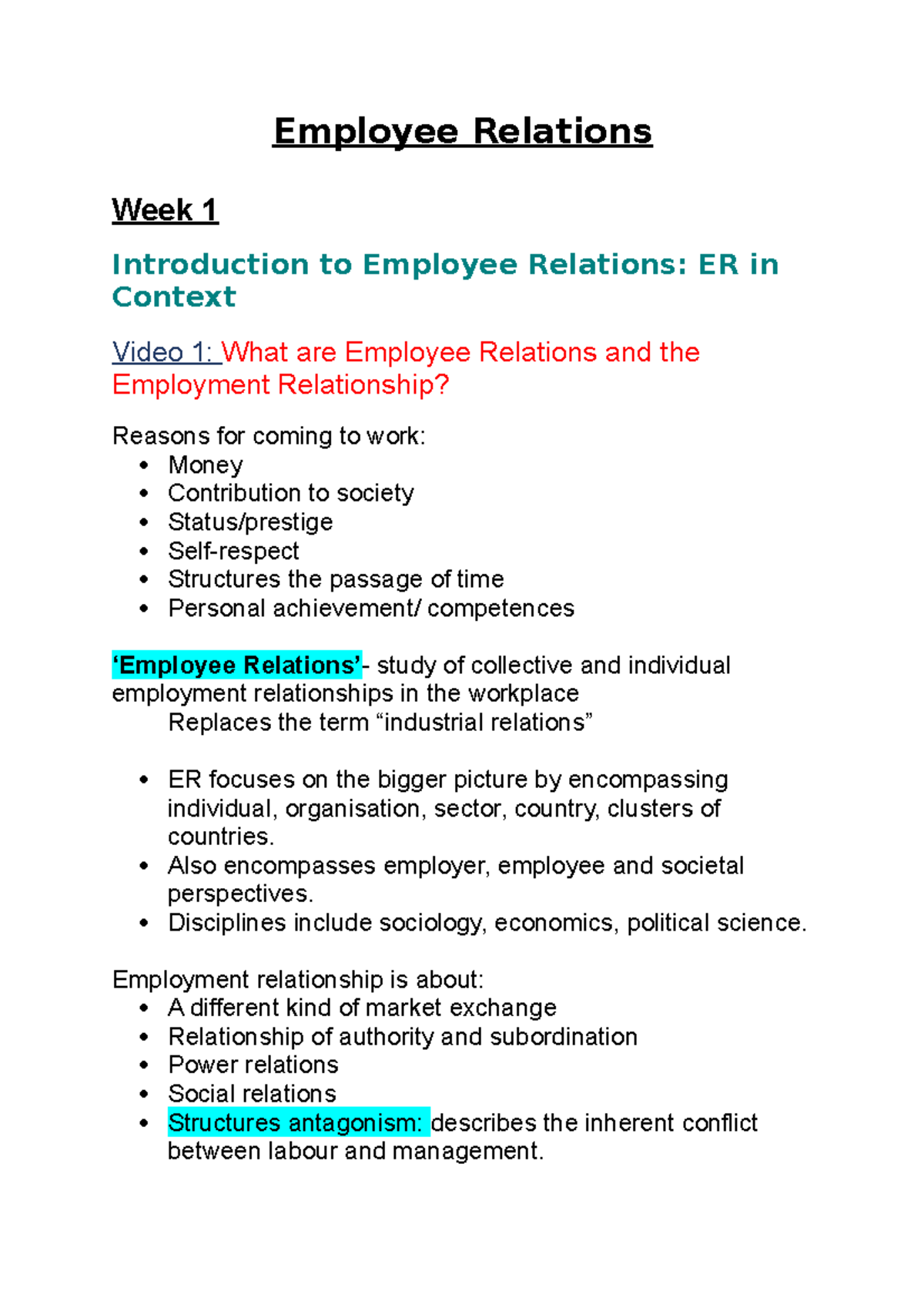 Employee Relations - Notes - Employee Relations Week 1 Introduction To ...