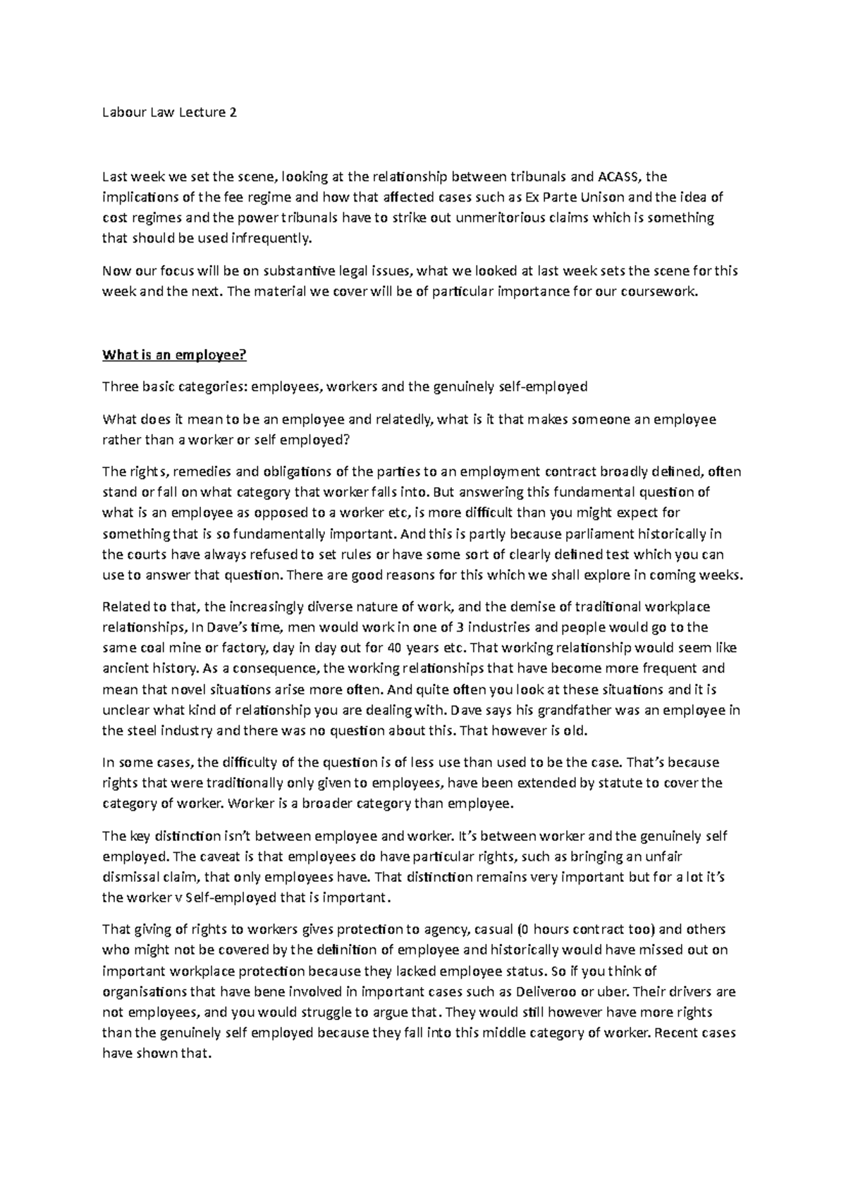 Lecture 2 - Labour Law Lecture 2 Last week we set the scene, looking at ...