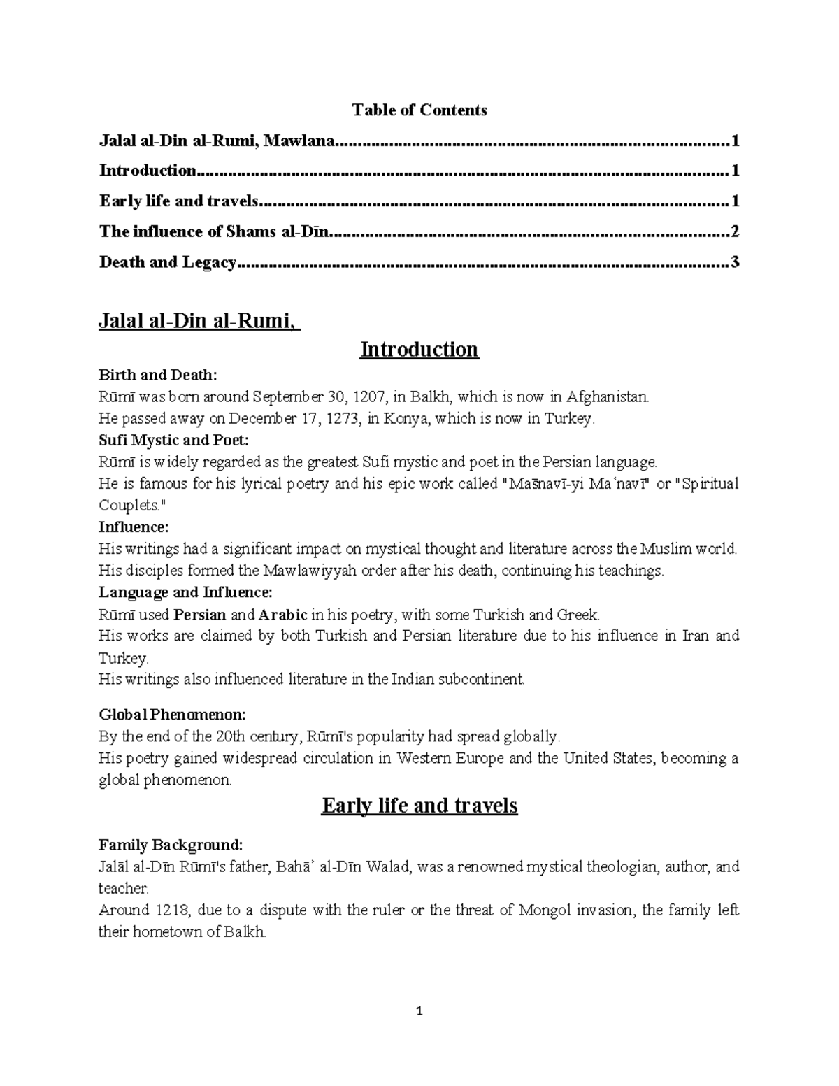 Introduction of Rumi - Table of Contents Jalal al-Din al-Rumi, - Studocu