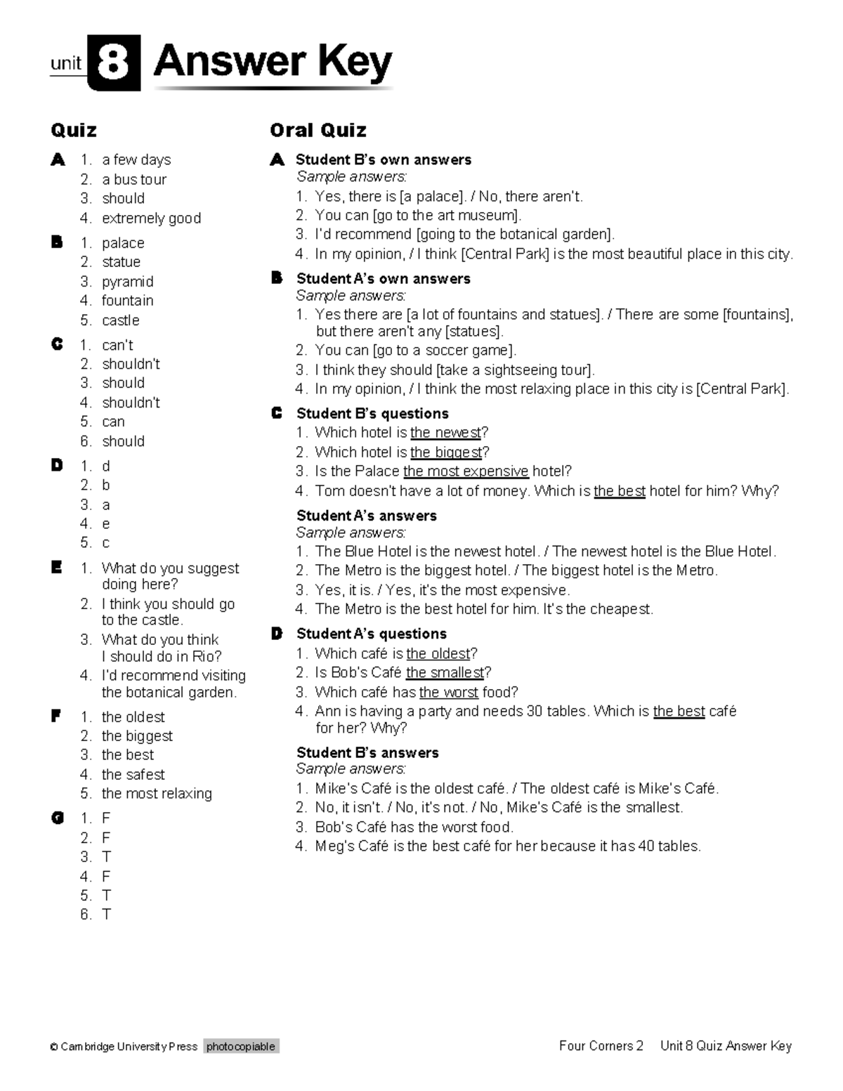 Quiz 8 respuestas no hay © Cambridge University Press photocopiable