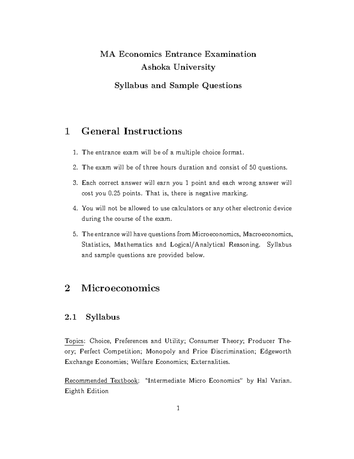 Ashoka paper Entrance Exam Economics MA Economics Entrance