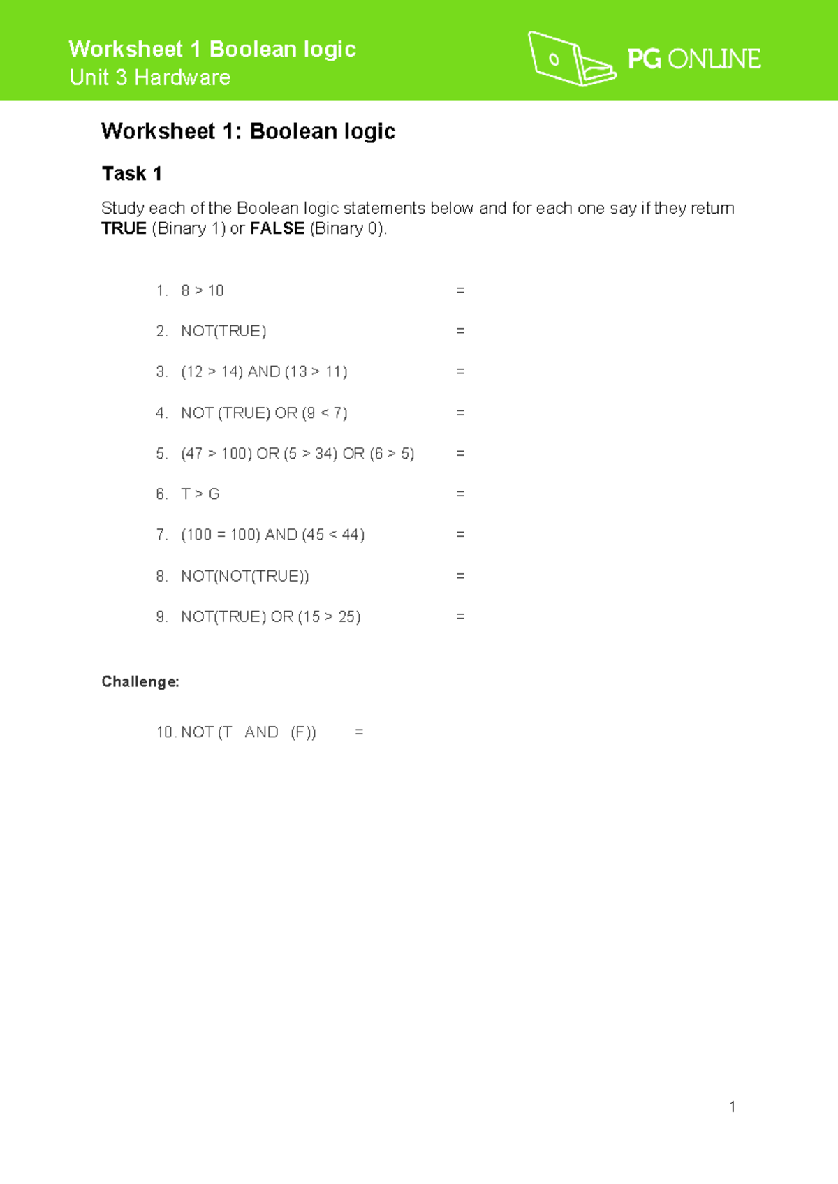 Hardware Worksheet 1 Boolean logic - Unit 3 Hardware Worksheet 1 ...