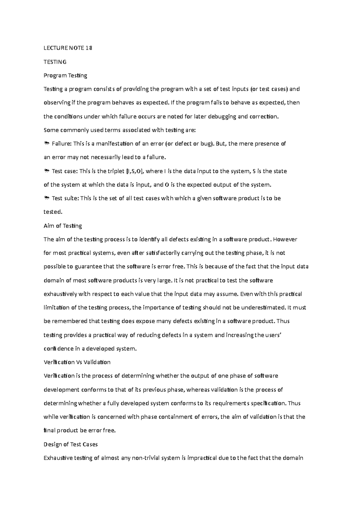 Lecture 18 - LECTURE NOTE 18 TESTING Program Testing Testing a program ...