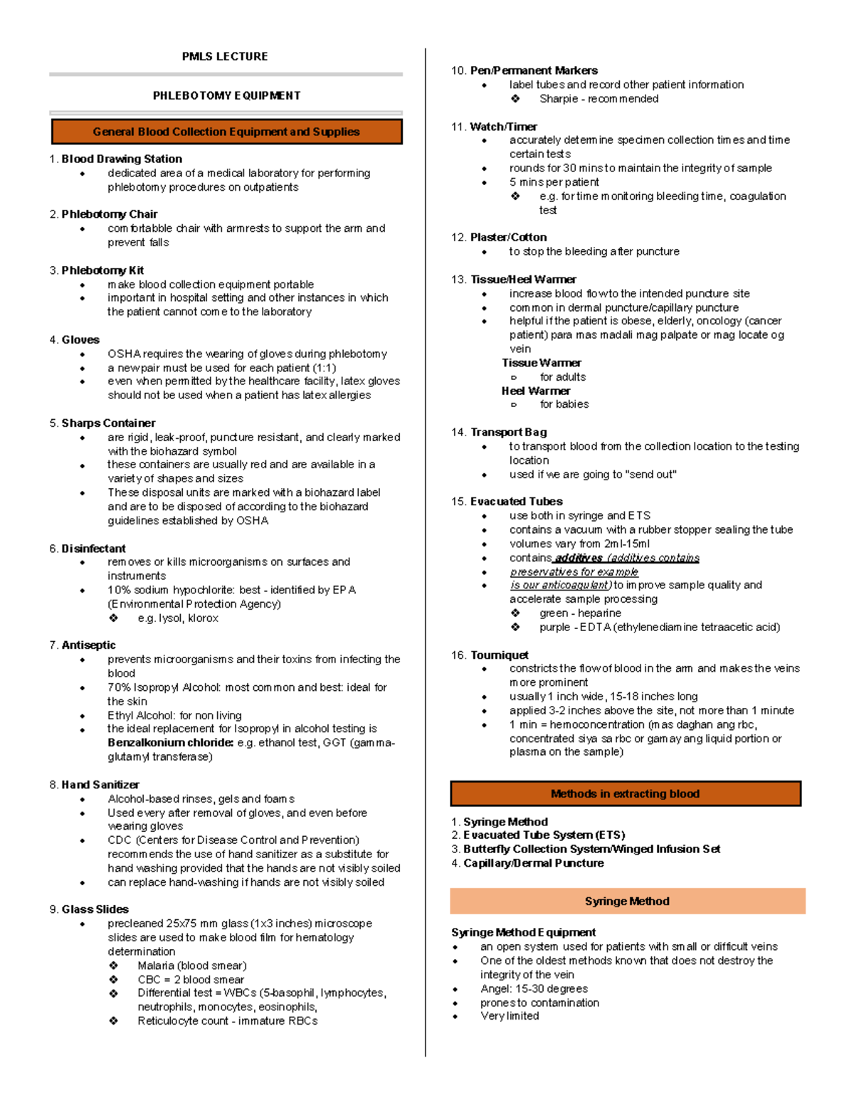 PMLS LEC reviewer - PMLS LECTURE PHLEBOTOMY EQUIPMENT 1. Blood Drawing ...