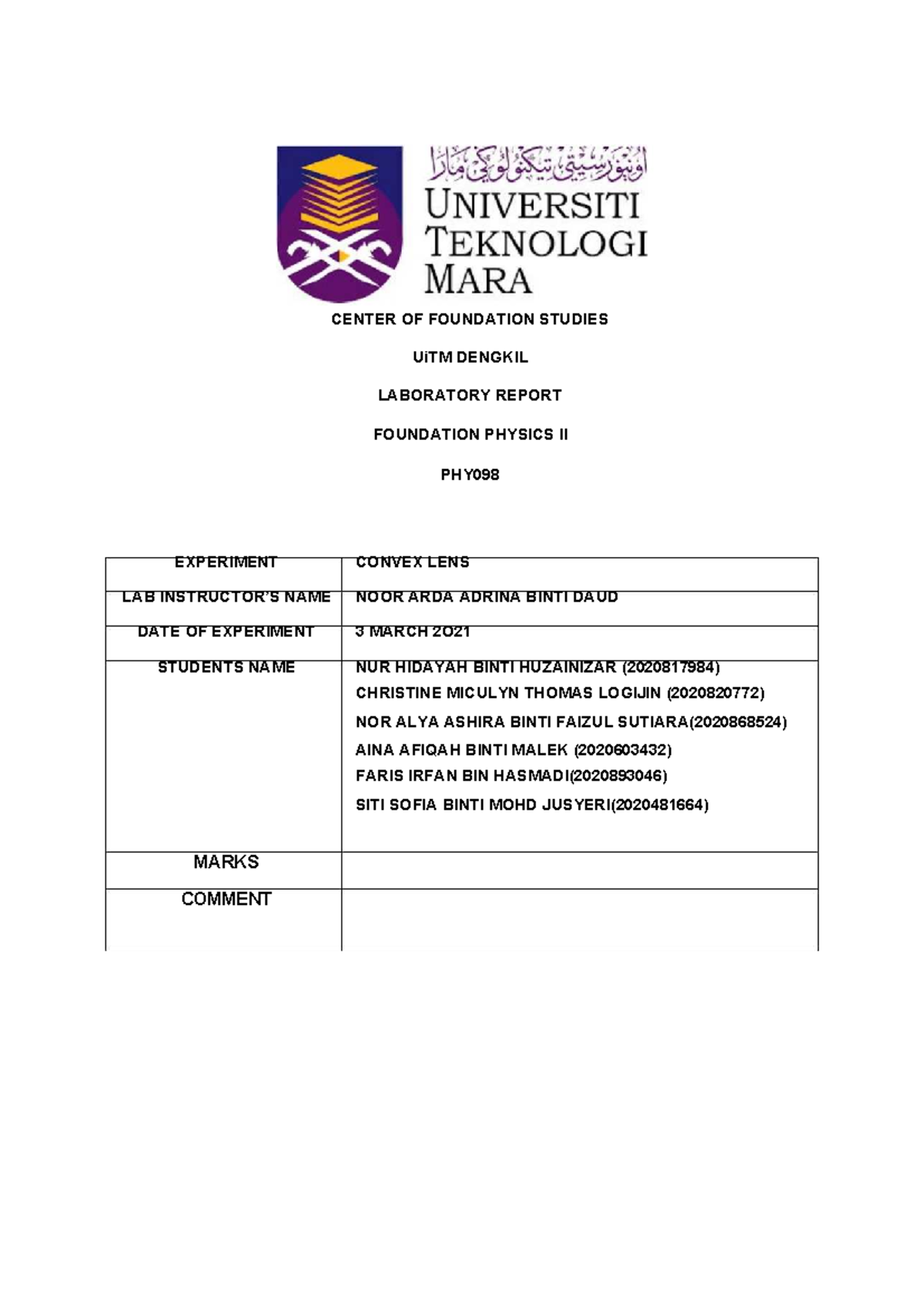 Labreportconvexlens CENTER OF FOUNDATION STUDIES UiTM DENGKIL
