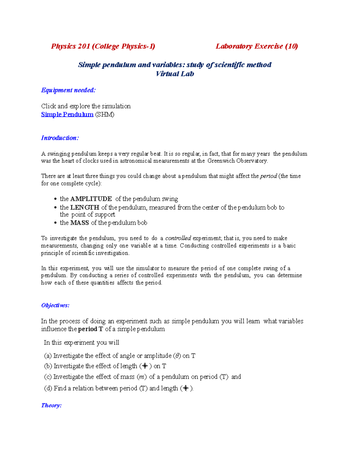 Physics 201 Lab 10 Virtual Simple Pendulum And Variables Physics 201 College Physics 1 1299