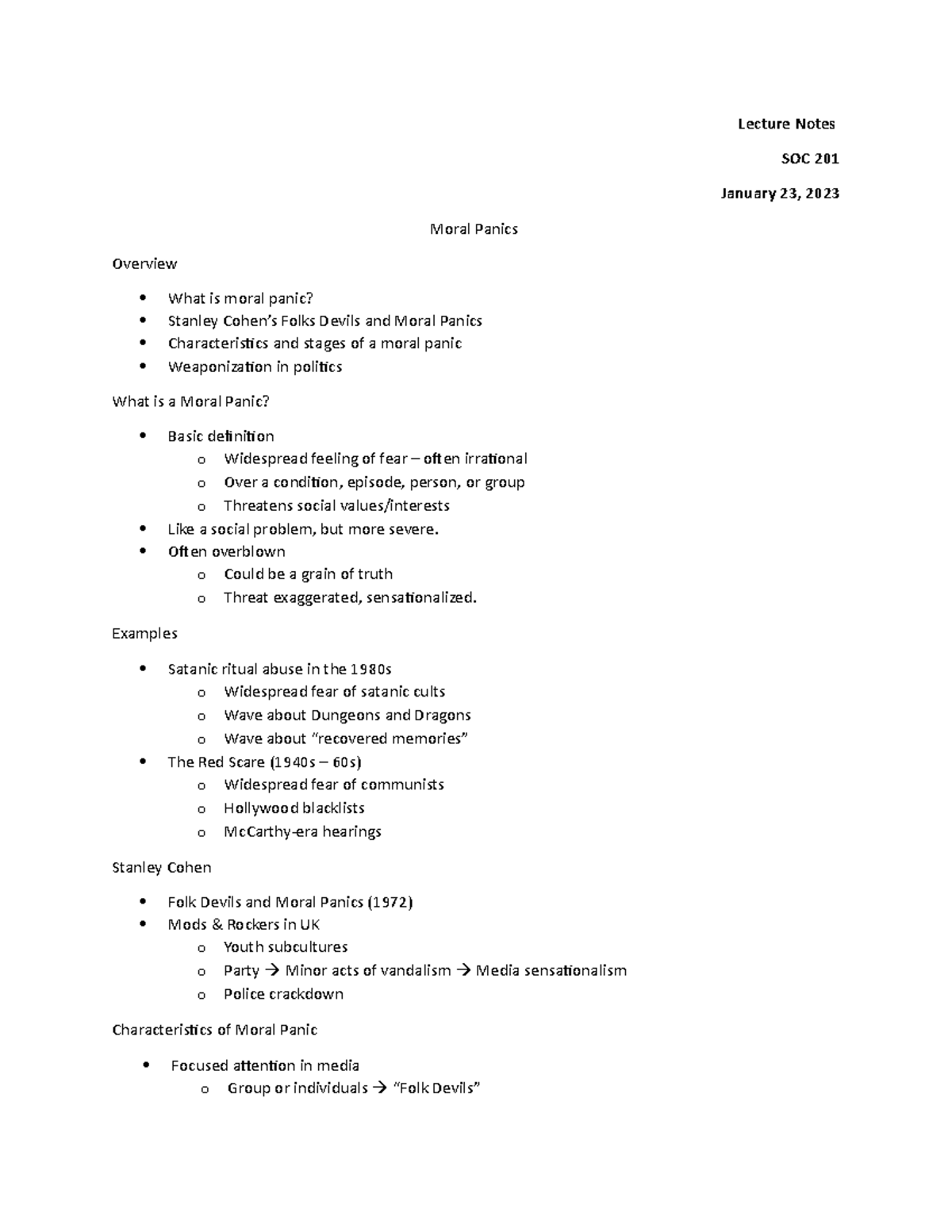 Moral Panic - Notes taken from the professors class. - Lecture Notes ...