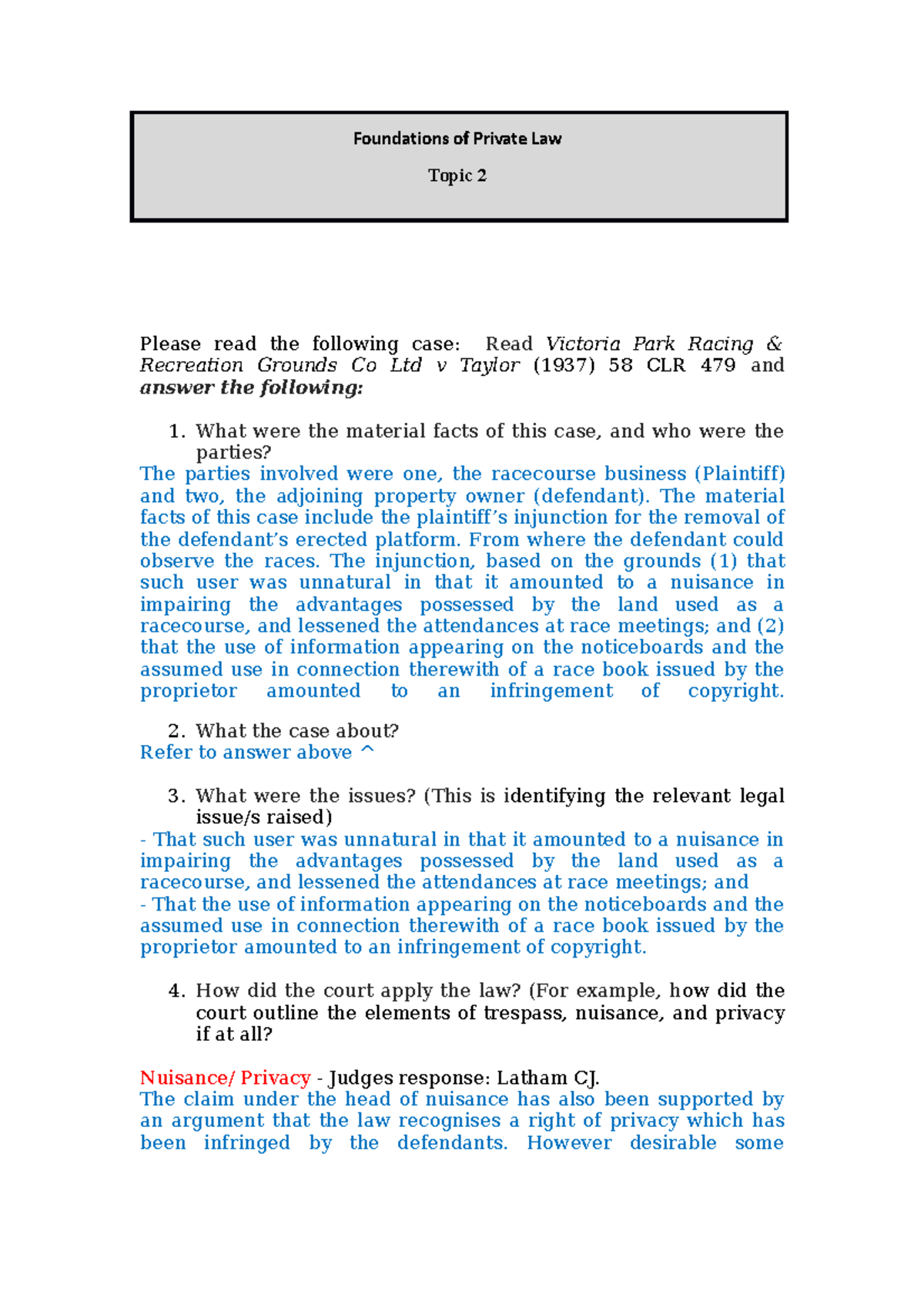 Week 3 - Tutorial Work - Foundations Of Private Law Topic 2 Please Read ...