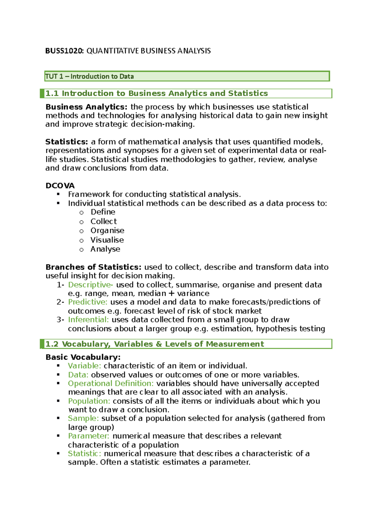 BUSS1020 notes - BUSS1020: QUANTITATIVE BUSINESS ANALYSIS TUT 1 ...