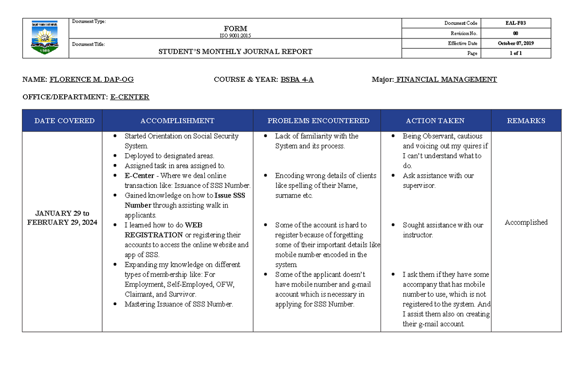 F03-Student-Monthly-Journal-Report-SIAP - FORM ISO 9001: Document Code ...