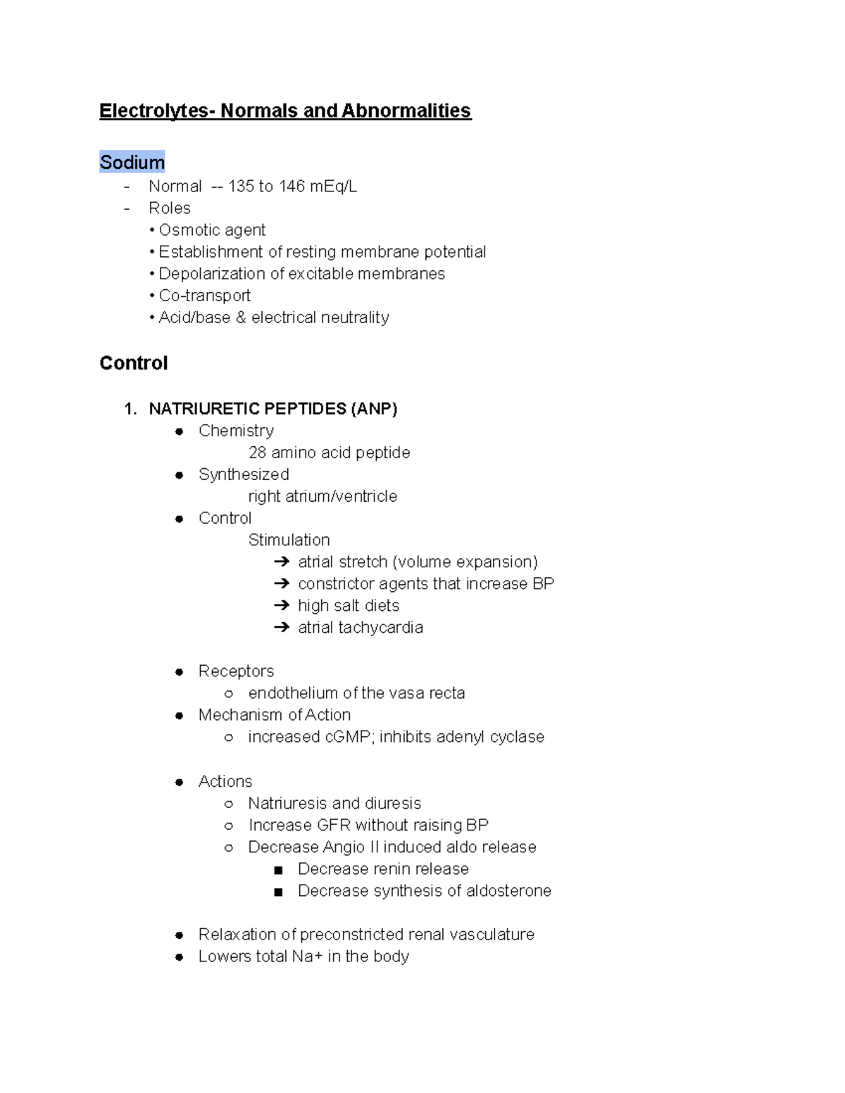 VTPP 427 Electrolytes - Electrolytes- Normals and Abnormalities Sodium ...