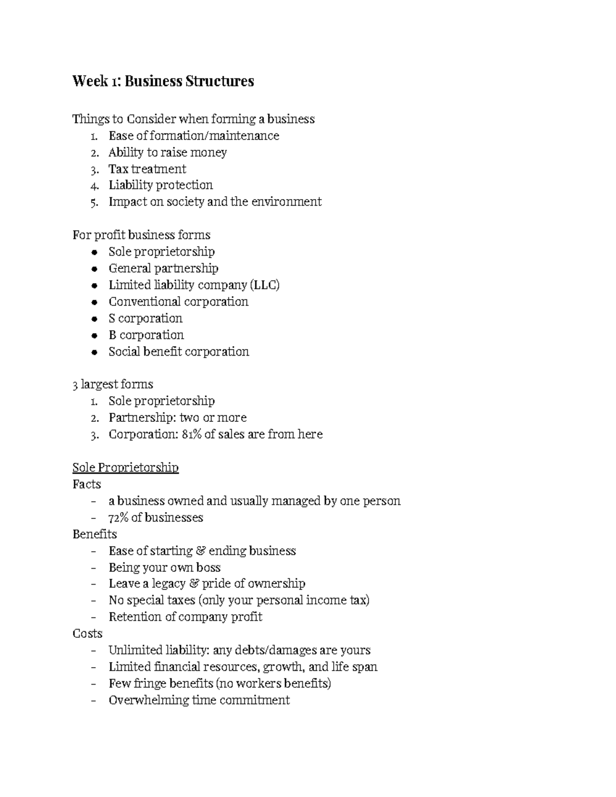 SM131 Midterm 1 - Lecture Notes Weeks 1-4 - Week 1: Business Structures ...