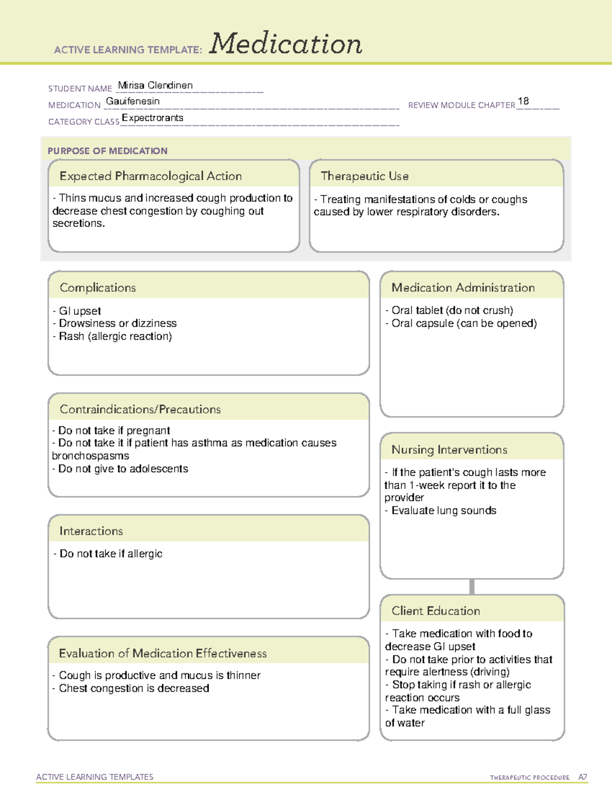 Guaifenesin ATI ACTIVE LEARNING TEMPLATES THERAPEUTIC PROCEDURE A