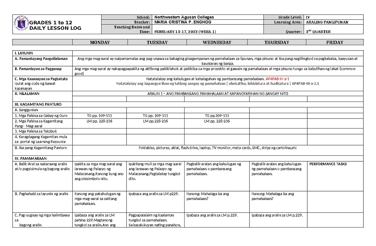 DLL Araling Panlipunan 4 Q3 W1-1 - GRADES 1 to 12 DAILY LESSON LOG ...