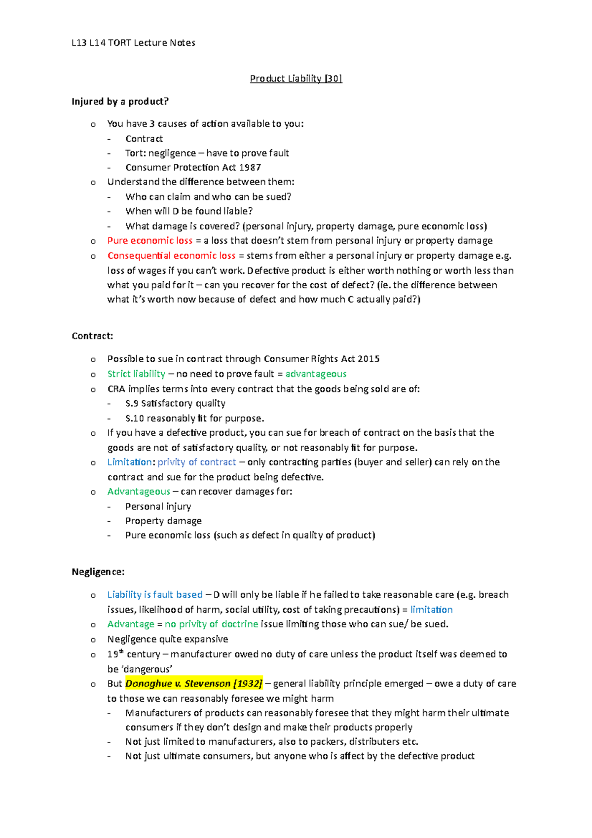 L13 L14 Product Liability [30] - L13 L14 Tort Lecture Notes Product 