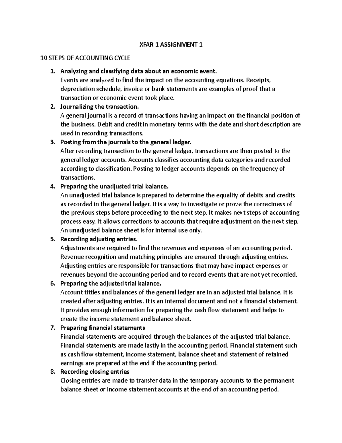XFAR 1 Assignment 1 - none - XFAR 1 ASSIGNMENT 1 10 STEPS OF ACCOUNTING ...